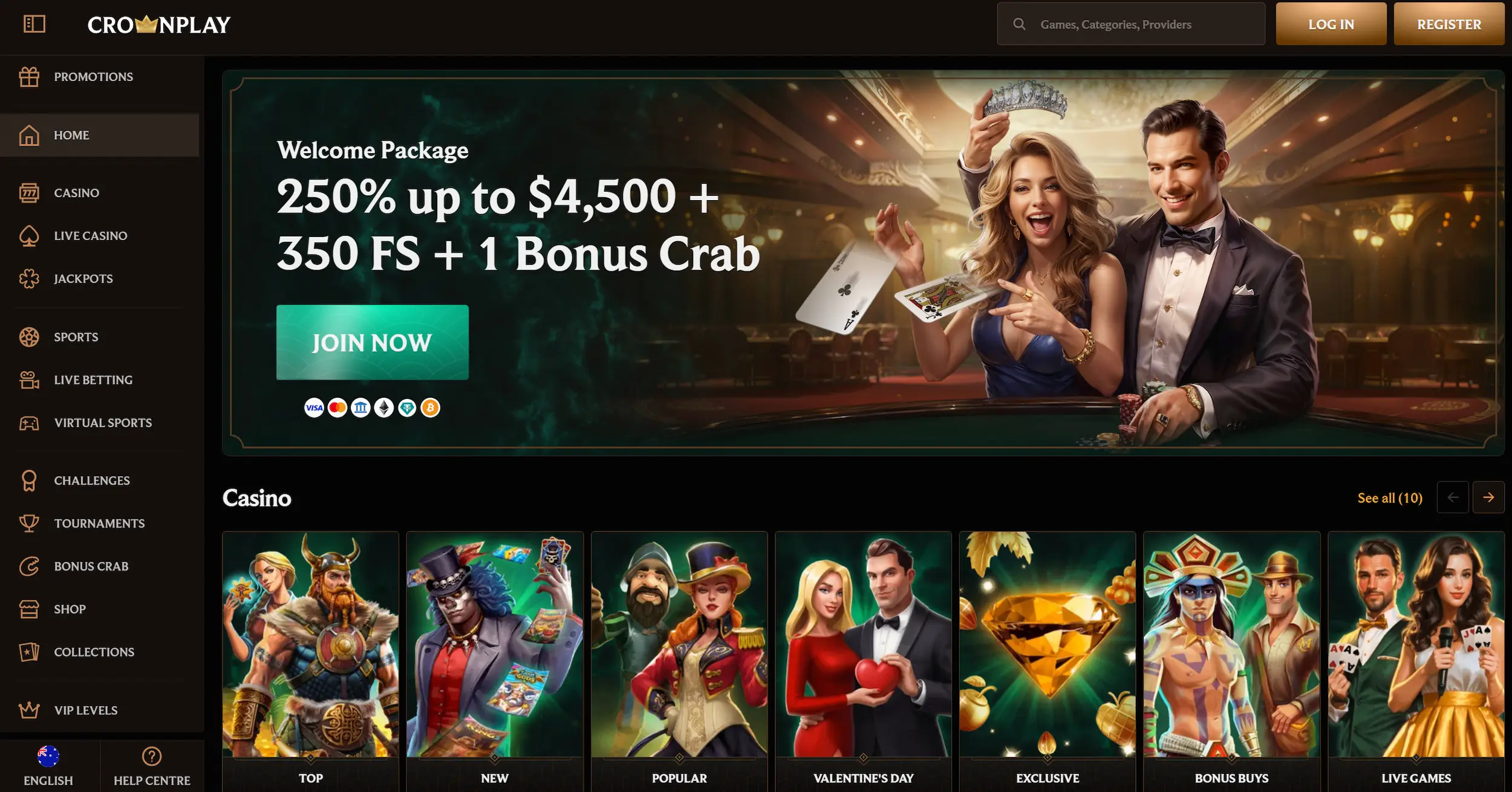 CrownPlay casino frontpage featuring  welcome bonus offer, casino games selection and site navigation